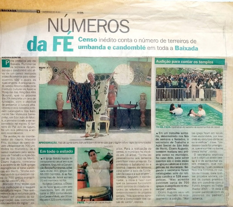 Matéria 'Números da Fé' no Jornal O Dia – Baixada (20/08/2000) sobre o Censo do ICAPRA