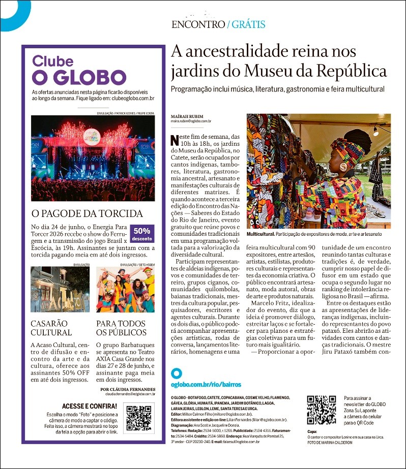 Matéria do jornal O Globo — A ancestralidade reina nos jardins do Museu da República