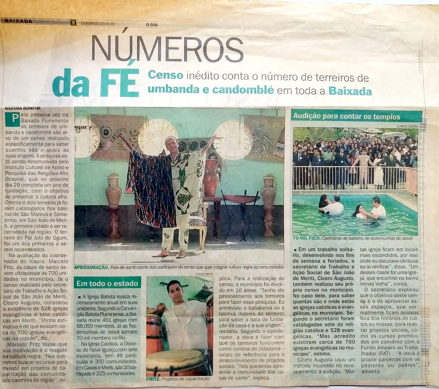 Matéria 'Números da Fé' no Jornal O Dia – Baixada (20/08/2000) sobre o Censo do ICAPRA